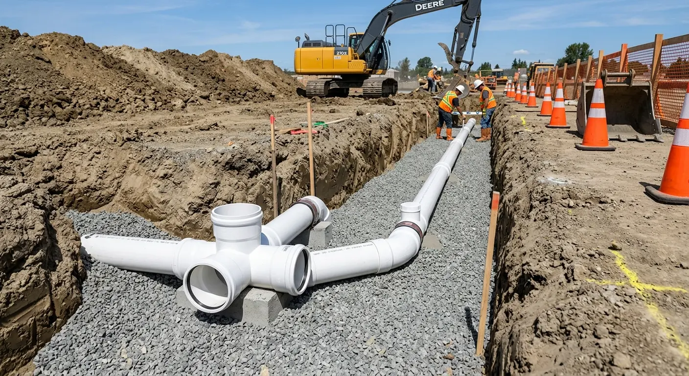 New PVC sewer pipe installation in open trench for Grease Trap Cleaning in West Slope