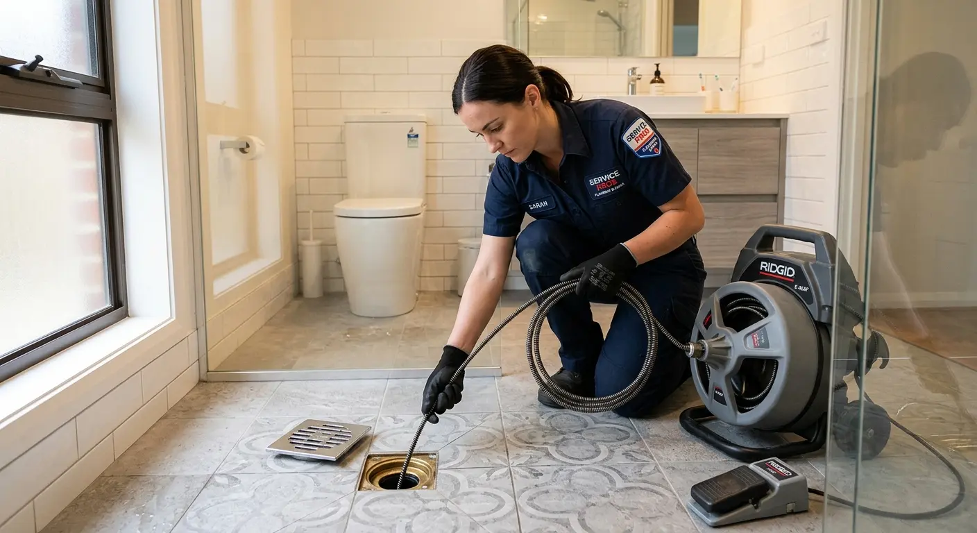 Technician clearing a bathroom floor drain for Hydro Jetting in West Slope